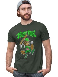 Baseball Monkey Green Round Neck Cotton Half Sleeved T-Shirt with Printed Graphics