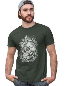 Tattooded Cranium Green Round Neck Cotton Half Sleeved T-Shirt with Printed Graphics