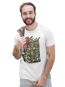 Rock Accident White Round Neck Cotton Half Sleeved T-Shirt with Printed Graphics