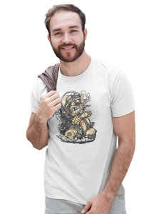 Demon - The Rider White Round Neck Cotton Half Sleeved T-Shirt with Printed Graphics