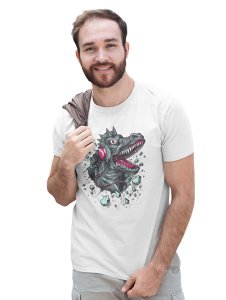Dinasaur With Headphone White Round Neck Cotton Half Sleeved T-Shirt with Printed Graphics