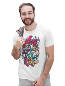 Skull Cowboy White Round Neck Cotton Half Sleeved T-Shirt with Printed Graphics