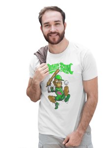 Baseball Monkey White Round Neck Cotton Half Sleeved T-Shirt with Printed Graphics