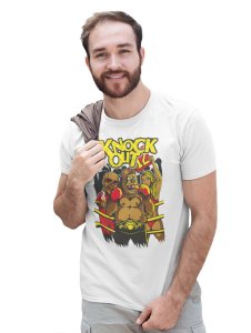 Boxer Monkey White Round Neck Cotton Half Sleeved T-Shirt with Printed Graphics