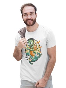Frankinston's Soccer White Round Neck Cotton Half Sleeved T-Shirt with Printed Graphics