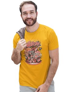 The Monster Bowling Yellow Round Neck Cotton Half Sleeved T-Shirt with Printed Graphics