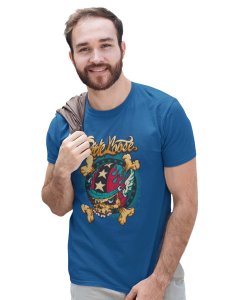 Riotous Cranium Blue Round Neck Cotton Half Sleeved T-Shirt with Printed Graphics