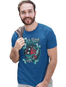 Ride Loose, (BG Yellow) Blue Round Neck Cotton Half Sleeved T-Shirt with Printed Graphics