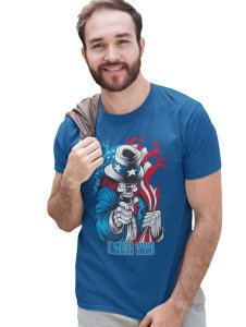 Dinasaur With Headphone Blue Round Neck Cotton Half Sleeved T-Shirt with Printed Graphics