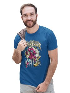Skull Cowboy Blue Round Neck Cotton Half Sleeved T-Shirt with Printed Graphics
