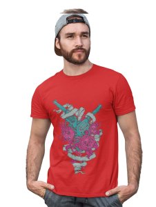 The Shooter And Roses Red Round Neck Cotton Half Sleeved T-Shirt with Printed Graphics