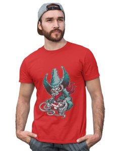 Demon- The Gamer Red Round Neck Cotton Half Sleeved T-Shirt with Printed Graphics
