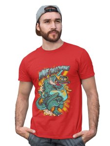 The Wave Monster Red Round Neck Cotton Half Sleeved T-Shirt with Printed Graphics