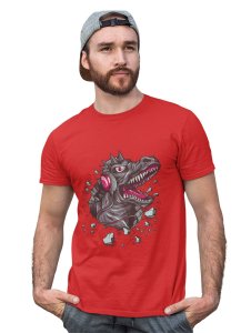 Dinasaur With Headphone Red Round Neck Cotton Half Sleeved T-Shirt with Printed Graphics