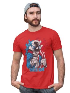 Uncle Sam Red Round Neck Cotton Half Sleeved T-Shirt with Printed Graphics