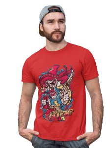 Skull Cowboy Red Round Neck Cotton Half Sleeved T-Shirt with Printed Graphics