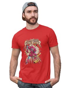 Skull Ice Hockey Red Round Neck Cotton Half Sleeved T-Shirt with Printed Graphics