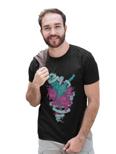 Rods And Roses Black Round Neck Cotton Half Sleeved T-Shirt with Printed Graphics