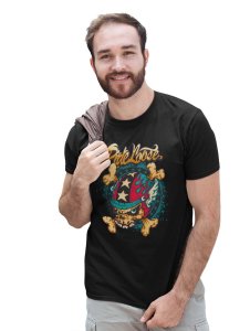 Ride Loose, (BG Yellow) Black Round Neck Cotton Half Sleeved T-Shirt with Printed Graphics