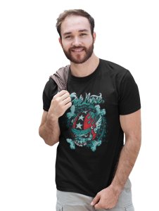 Ride Loose, (BG Blue) Black Round Neck Cotton Half Sleeved T-Shirt with Printed Graphics