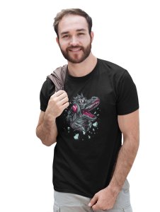 Dinasaur With Headphone Black Round Neck Cotton Half Sleeved T-Shirt with Printed Graphics