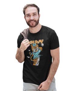 Let's Play Black Round Neck Cotton Half Sleeved T-Shirt with Printed Graphics