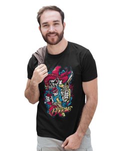 Skull Cowboy Black Round Neck Cotton Half Sleeved T-Shirt with Printed Graphics
