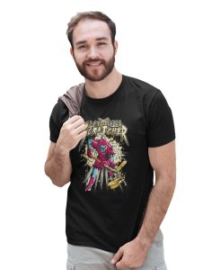Skull Ice Hockey Black Round Neck Cotton Half Sleeved T-Shirt with Printed Graphics