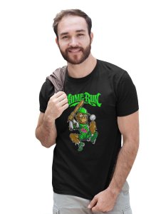 Baseball Monkey Black Round Neck Cotton Half Sleeved T-Shirt with Printed Graphics