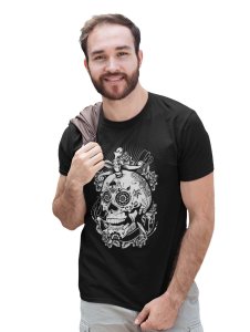 Tattooded Cranium Black Round Neck Cotton Half Sleeved T-Shirt with Printed Graphics