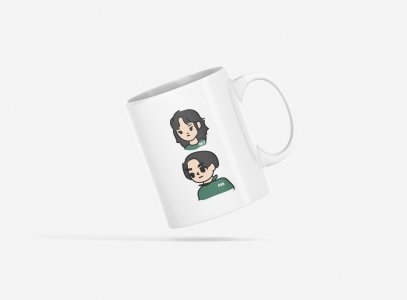 Straight hair boy, curly hair girl - animation themed printed ceramic white coffee and tea mugs/ cups for animation lovers