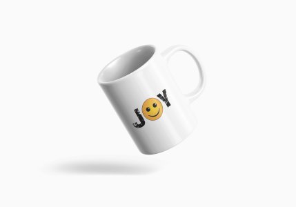 Joy Written in Text With Smile Emoji- emoji printed ceramic white coffee and tea mugs/ cups for emoji lover people
