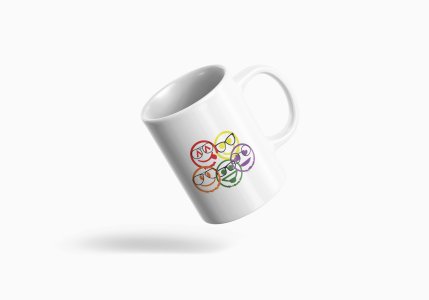 Five Colour Shaded Shapes With Glasses Emojis - emoji printed ceramic white coffee and tea mugs/ cups for emoji lover peoples