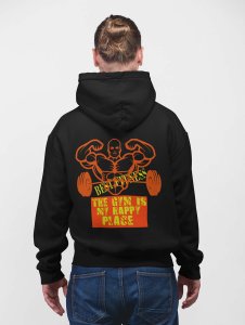 The Gym Is My Happy Place, (BG Orange) printed artswear black hoodies for winter casual wear specially for Men
