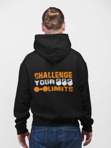 Challenge Your Limits, (Orange and White)printed artswear black hoodies for winter casual wear specially for Men
