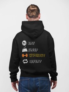 Eat, Sleep, Workout, Repeat, (BG White &Yellow)printed artswear black hoodies for winter casual wear specially for Men