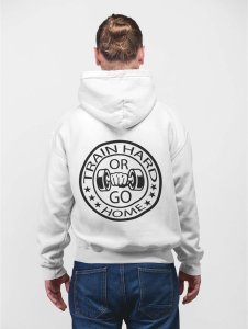 Train Hard Or Go Home ( Black Text )printed artswear white hoodies for winter casual wear specially for Men