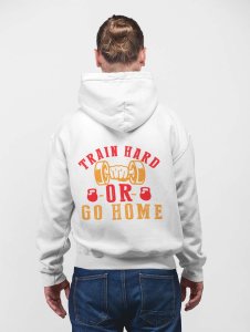 Train Hard or Go Home (BG Red, Golden) printed artswear white hoodies for winter casual wear specially for Men
