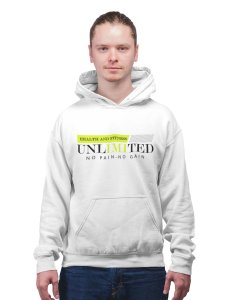 Fitness, Unlimited, No Pain, No Gain, (Green & Black) printed activewear white hoodies for winter casual wear specially for Men