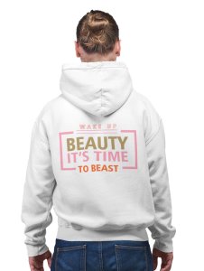 Wake Up, Beauty printed activewear white hoodies for winter casual wear specially for Men