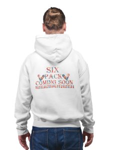 Six Pack Coming Soon ( Multicolour text )printed activewear white hoodies for winter casual wear specially for Men