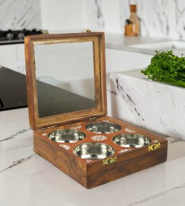 Sheesam wooden dry handcrafted dry fruit box/ container with 4 steel bowls(four sections)