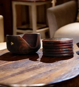 Dining and coffee table wooden circle coaster stand/ coaster holder with 6 coasters for kitchen and dining table