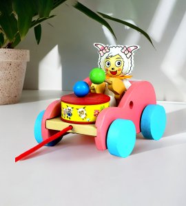 Wooden grand playful drum, drumstick and doll toy moving car game for childrens and toddlers