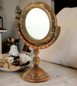 Handcrafted wooden table top circle portable mirror for makeup with stand /Worthy vintage mirror stand made for women
