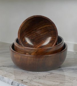 Artisanal classic round wooden handcrafted smooth bowl /wati for kitchen purpose (Set of 3)