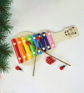 Toddlers wooden guitar shaped xylophone musical instrument / musical toy with two sticks made for toddlers and childrens