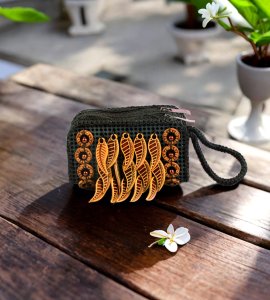 Original curved hanging leaves based hand purse/ pouch with a zipper for women