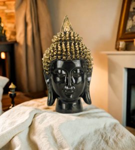 Buddha head polyster resin black shining showpiece with golden top for home and office decor