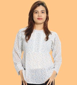 Blue tulips floral womens printed top (white) - Made up of Rayon for your plesant and cozy